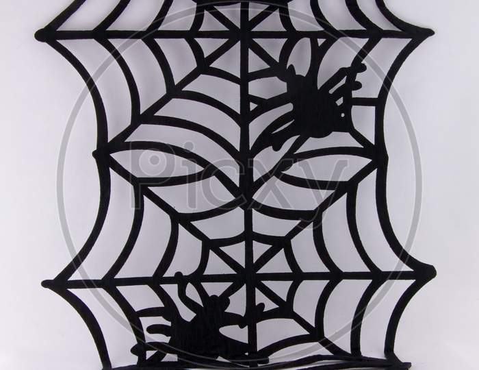 Halloween Concept With Black Spider And Web On White