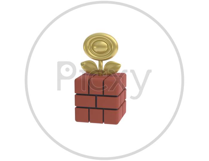 Isolated Illustration Of Old Arcade Video Game Golden Flower On The Brick, 3D Render