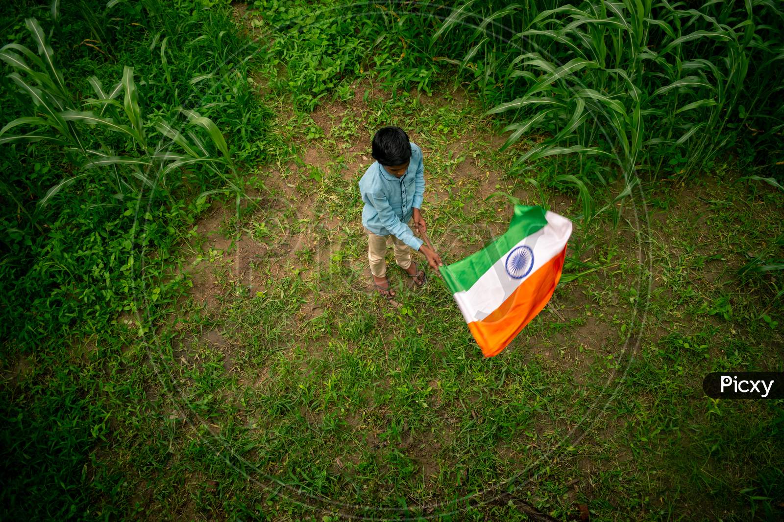 A boy holds indian flag or tricolour flag to celebrate independence day on 15 august 2020
