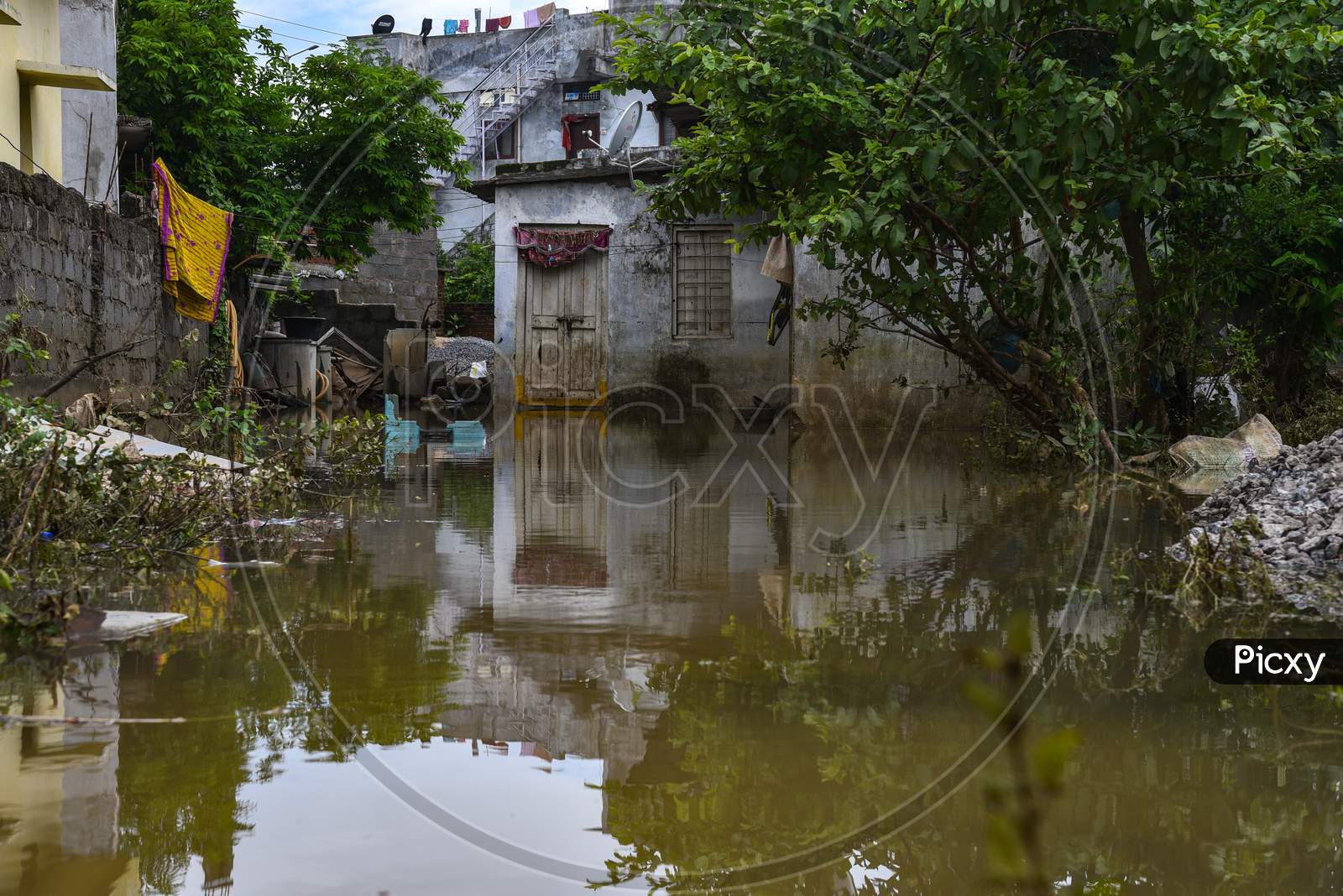 A house that is still inundated under water even after 4 days of flood in Warangal, hanamkonda, August 18, 2020.