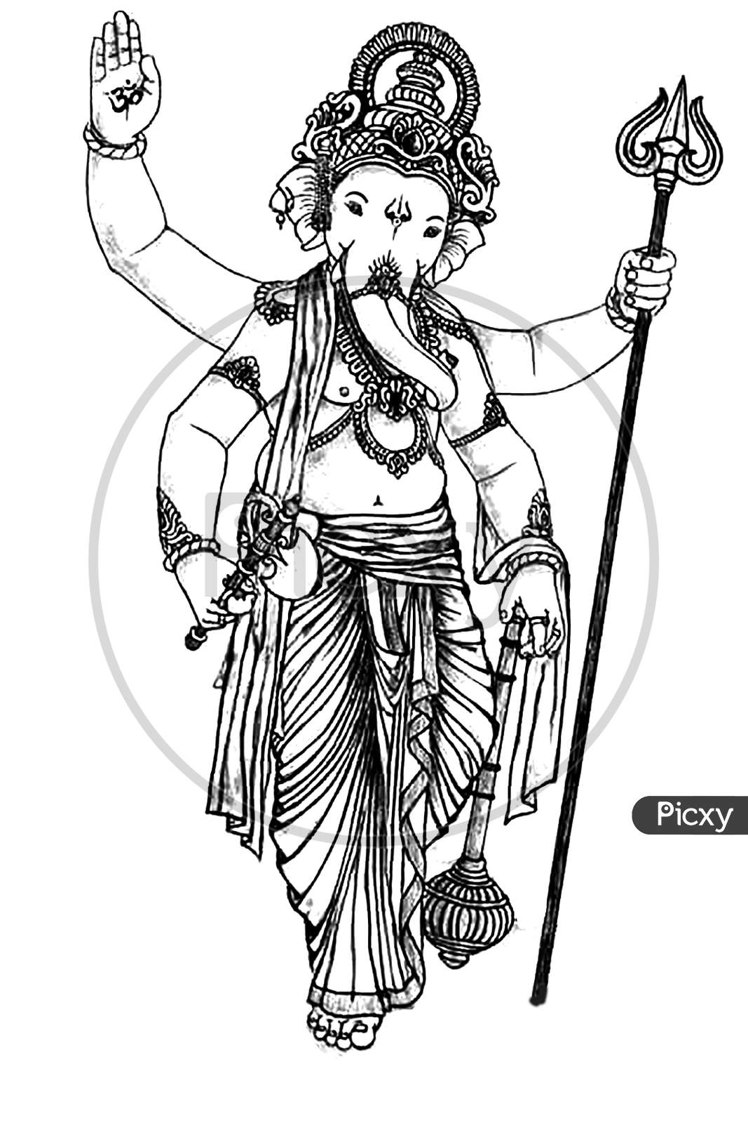 Sketch Of Lord Ganesha Stand And Hold Trident Outline Editable Vector Illustration