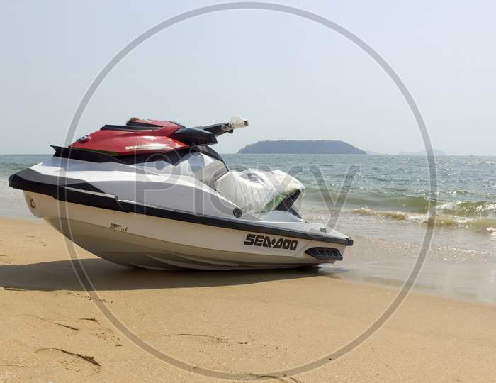 Goa, India - February 28, 2013: A Jetski Kept For Tourist In Baga Beach Seashore
