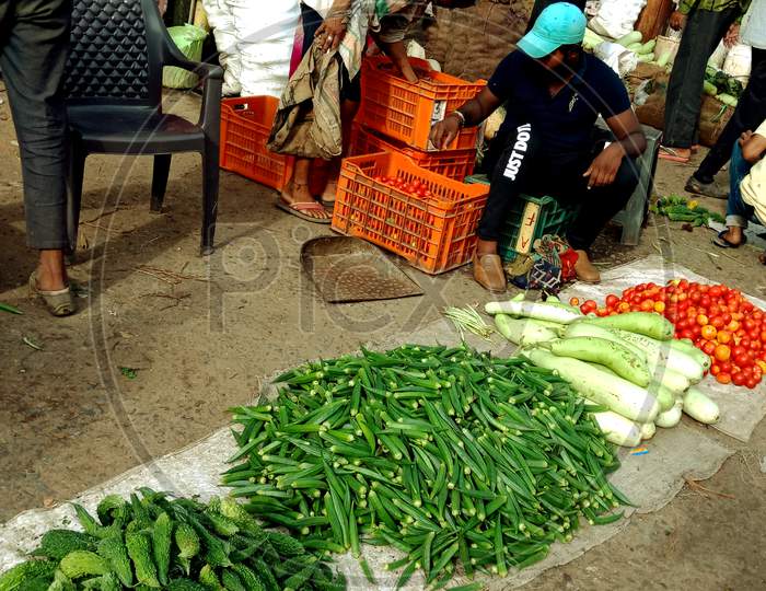 Indian Village Vegetable Greengrocer At Street Shop.