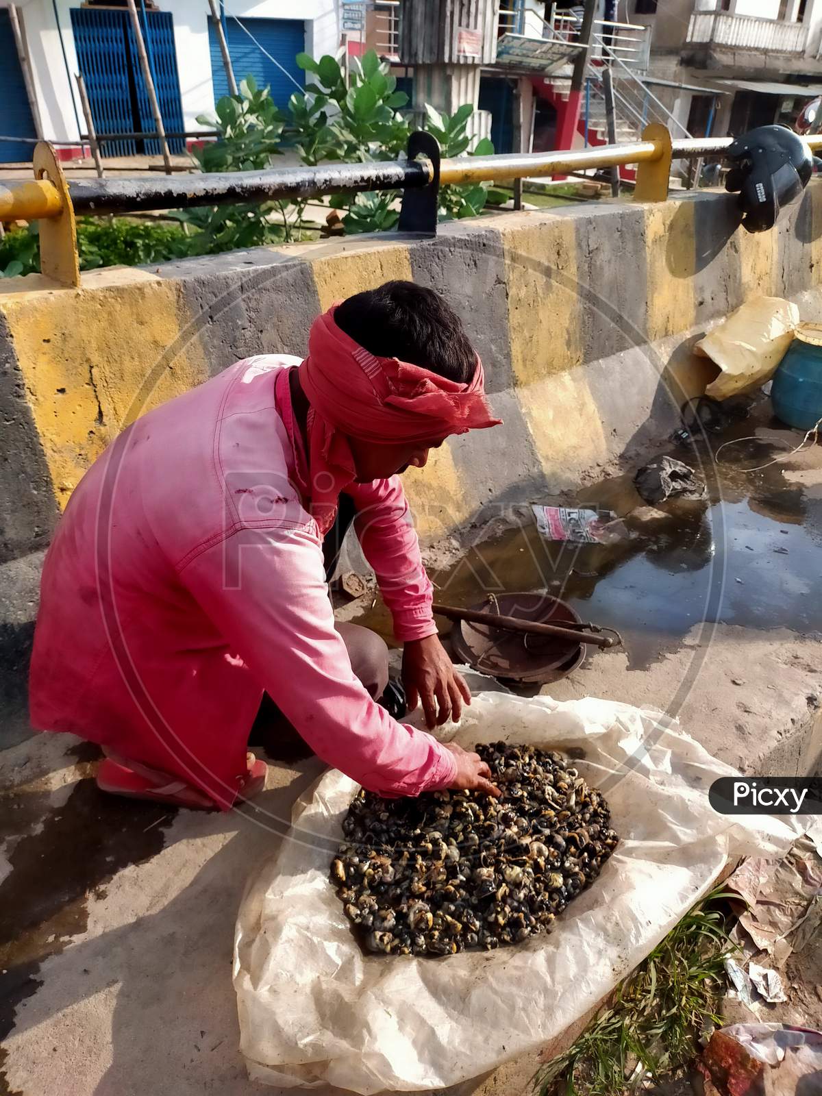A street vendor selling aitha (snails) on the roadside in Bihar