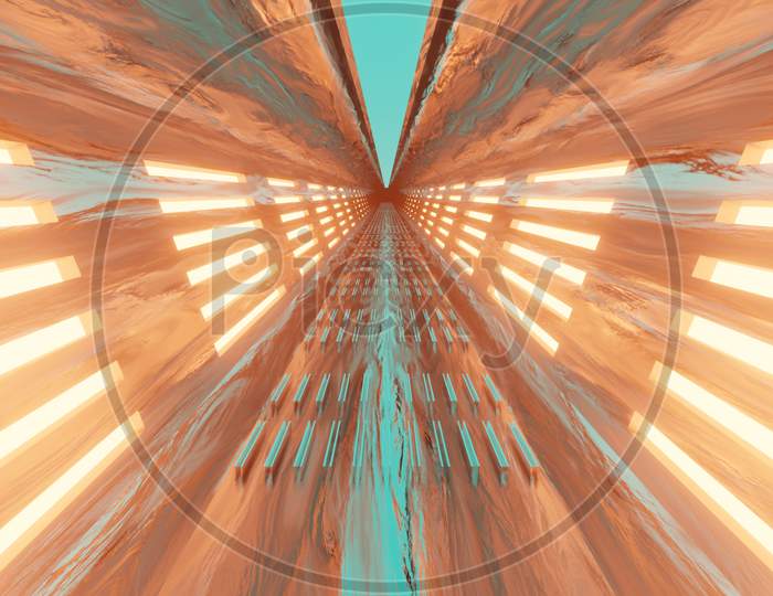 Illustration Graphic Of Abstract Energy Tunnel With Beautiful Lighting In Space. Sci-Fi Seamless Loop Flying Into Spaceship Tunnel, 3D Render Vj.
