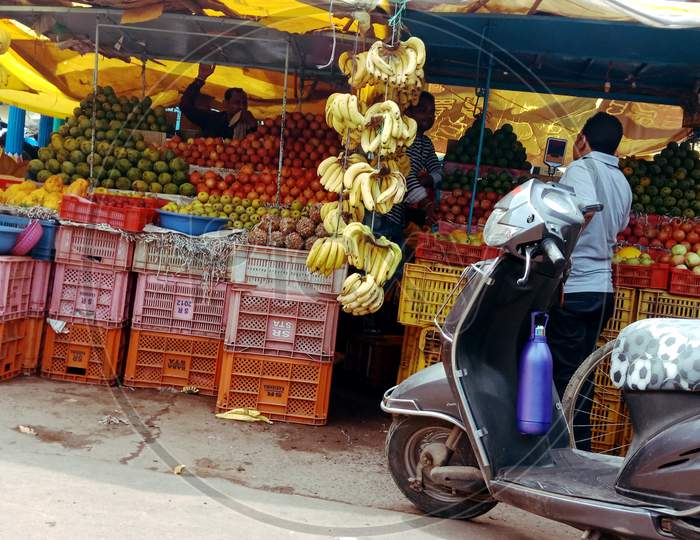 Indian Street Fruits Carriage On Road Side.
