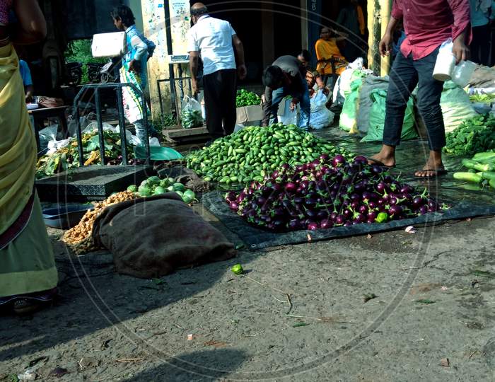 Indian Local Vegetable Selling Market With People Crowd.