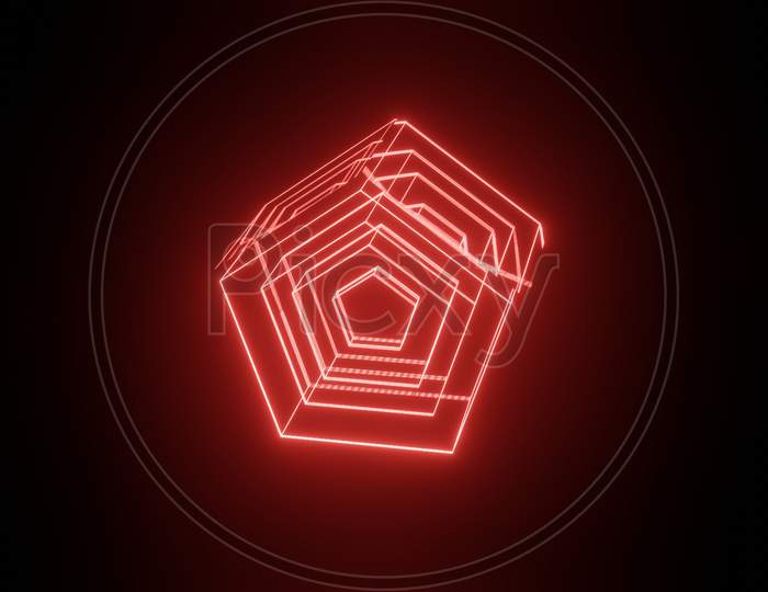 Illustration Graphic Of 3D Rendering Beautiful Red Neon Lighting Wire Frame Object, Isolated On The Black Background.