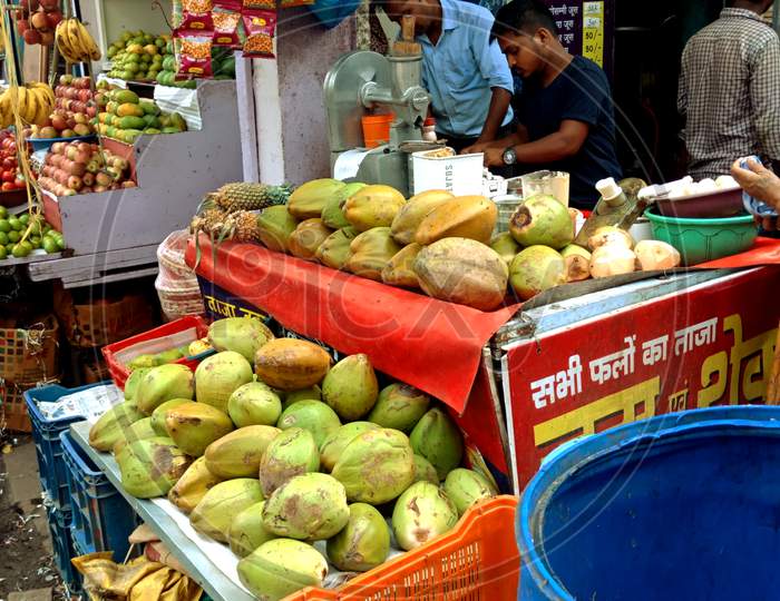 Indian Street Fruits Carriage On Road Side.