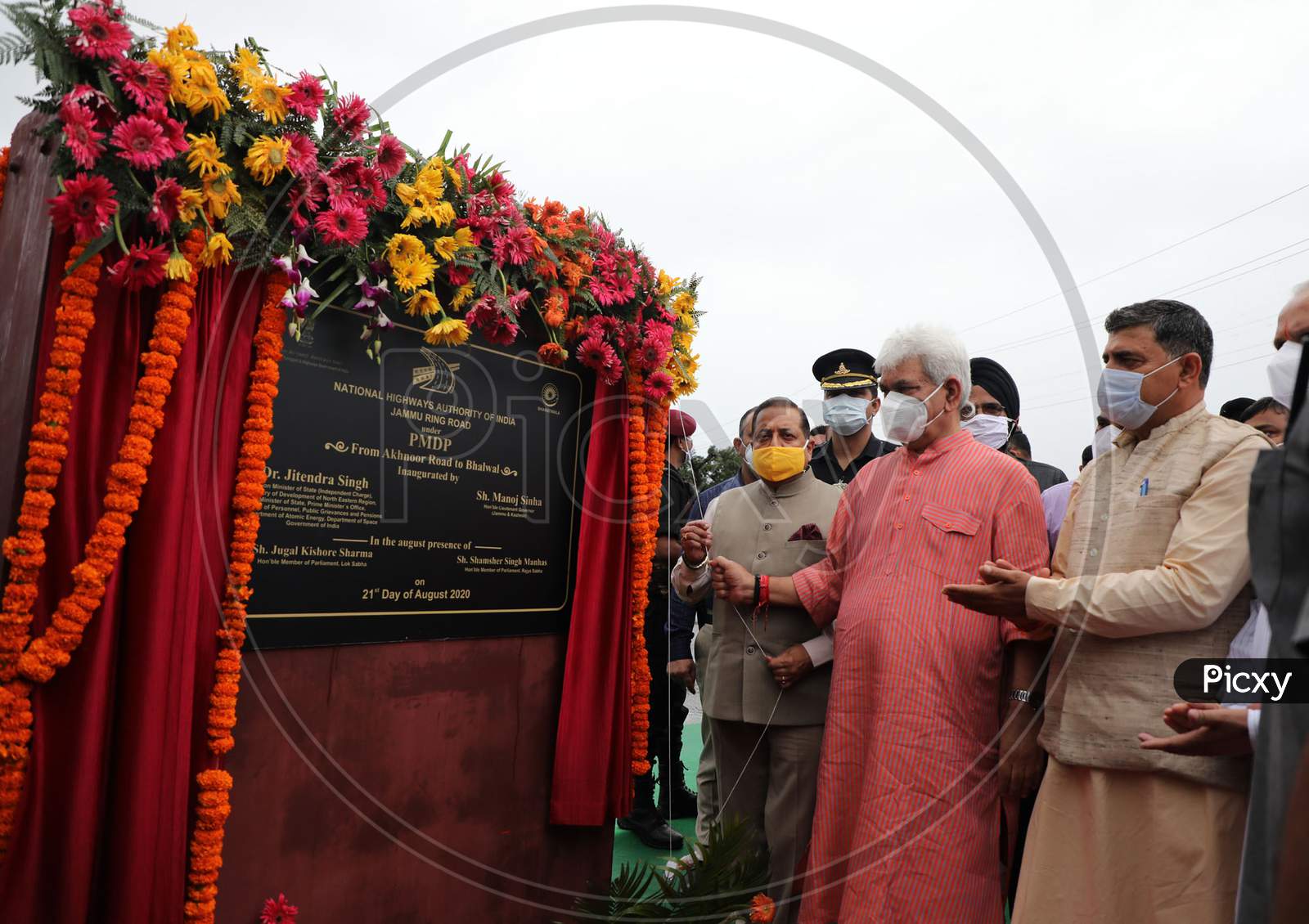 Jammu and Kashmir Lt governor Manoj Sinha along with Dr Jatinder singh Union Minister of state and MP Jugal Kishore,MP shamsher singh Manhas inaugurate Ring road under (PMDP) from Akhnoor road to Bhalwal in Jammu on August 21,2020.