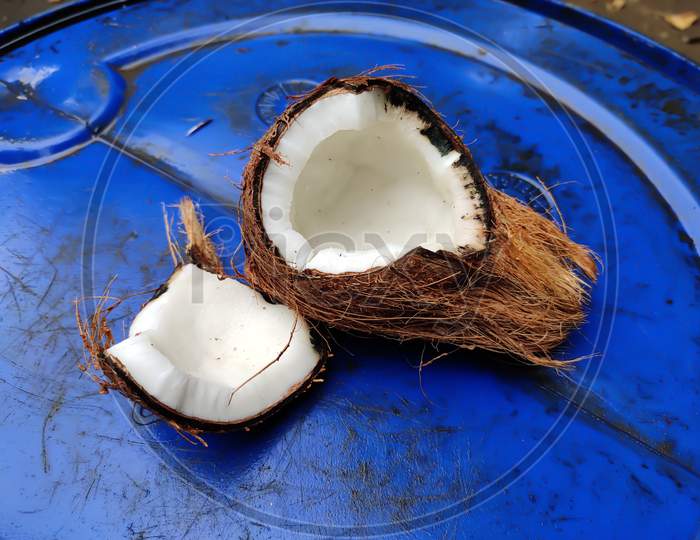 Coconut cut pise isolated on blue background