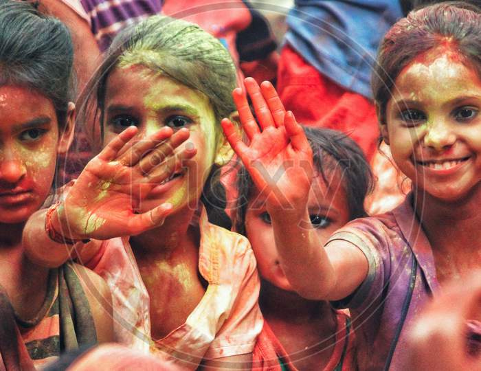 Indian People Face Smeared With Colors Participate In Ganesh Visarjan