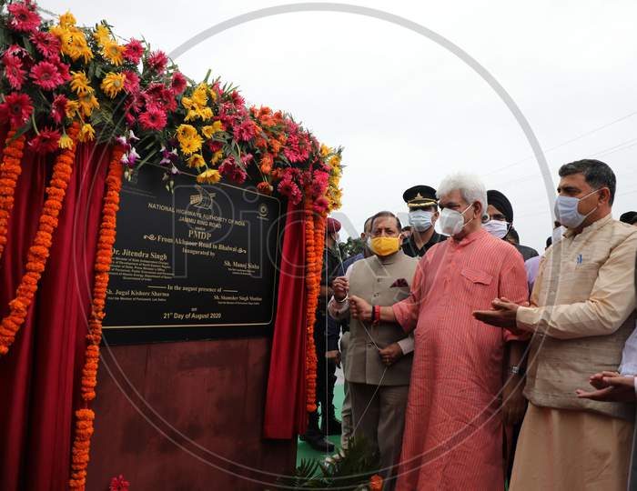 Jammu and Kashmir Lt governor Manoj Sinha along with Dr Jatinder singh Union Minister of state and MP Jugal Kishore,MP shamsher singh Manhas inaugurate Ring road under (PMDP) from Akhnoor road to Bhalwal in Jammu on August 21,2020.