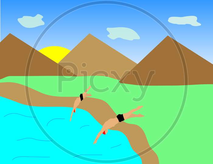 People Swimming In River Illustration Art