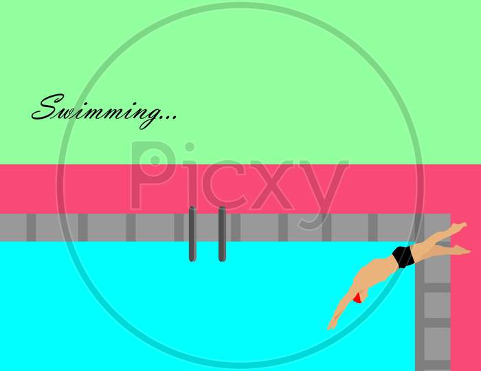 Swimmer Diving In Swimming Pool Cartoon Art In High Quality