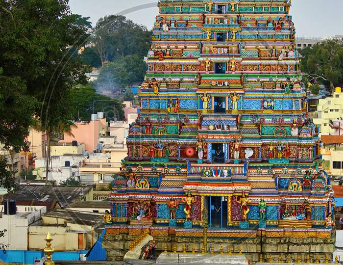 Bangalore, India - September 18, 2016: South Indian Hindu Temple With Colorful Gods Sculpture Carved Outside