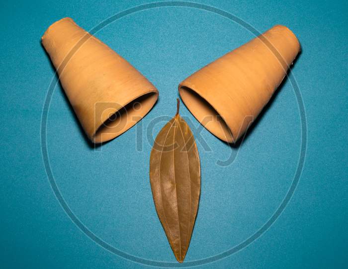 Photography Art, A Leaf And Two Clay Pots In Blue Background