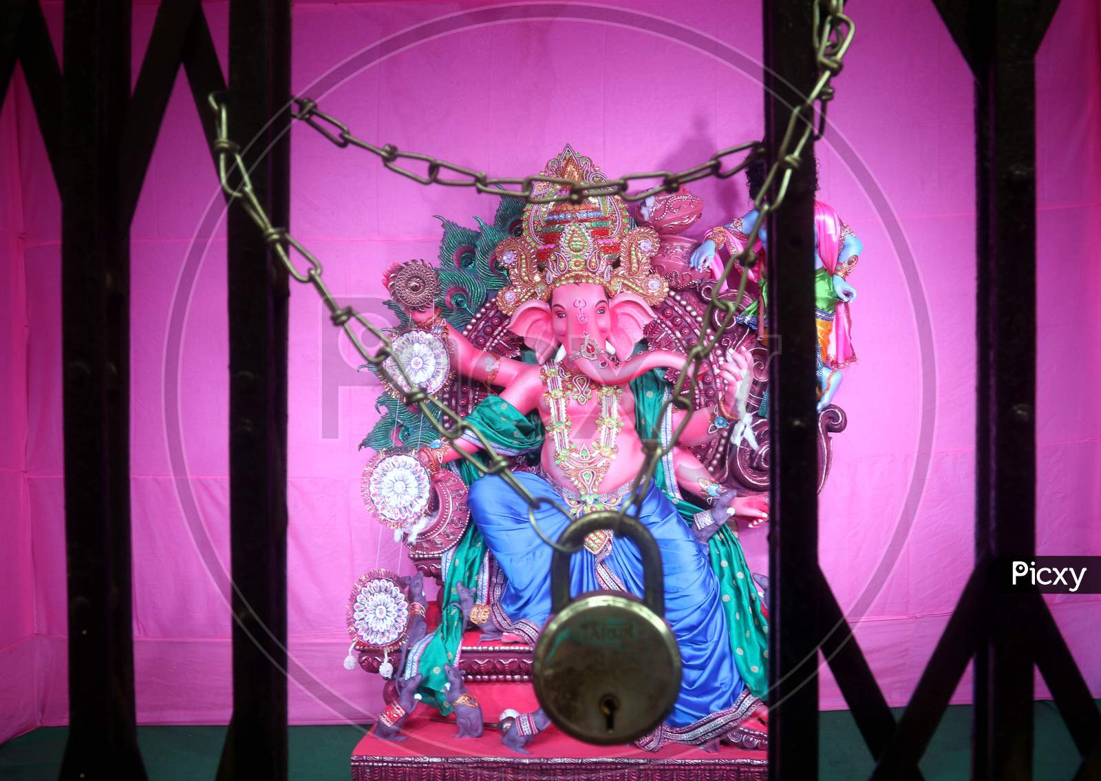 A temple is seen locked ahead of Ganesh Chaturthi festival During The Complete Biweekly Lockdown To Curb  the Covid 19 Spread In Kolkata On August 21, 2020