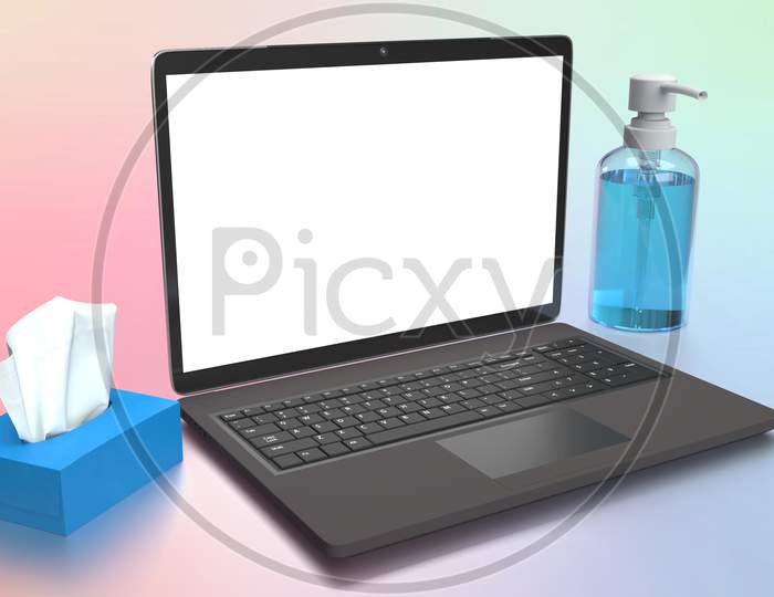 Realistic Looking Laptop, A Sanitizer Pump Bottle With Antiseptic Alcohol Gel And A Tissue Paper Box With Blank Mockups Isolated In Coloured Background. Hygienic Lifestyle Concept, 3D Rendering