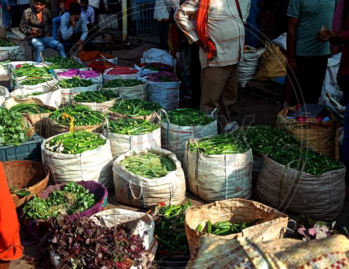Indian Local Vegetable Selling Market With People Crowd.