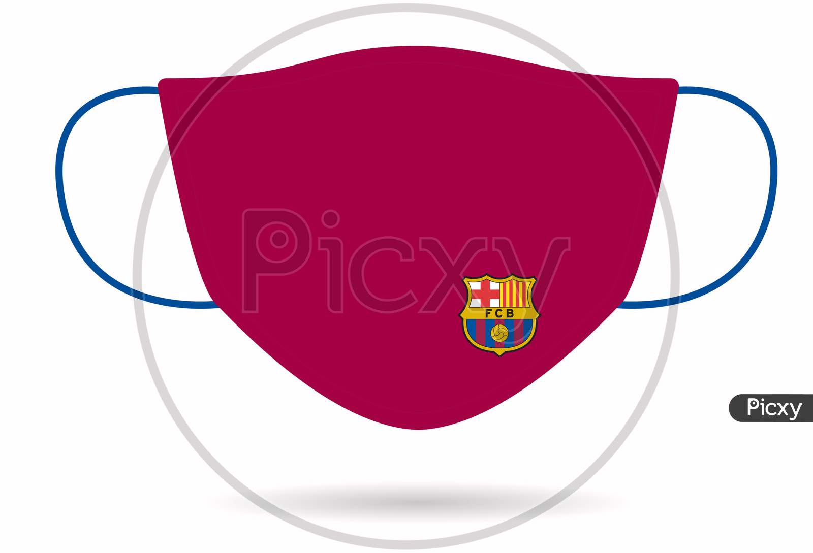 Barcelona/Spain - August 21, 2020: Surgical Face Mask With Fc Barcelona Logo In Covid-19,Corona Virus Pandemic Isolated On White Background.