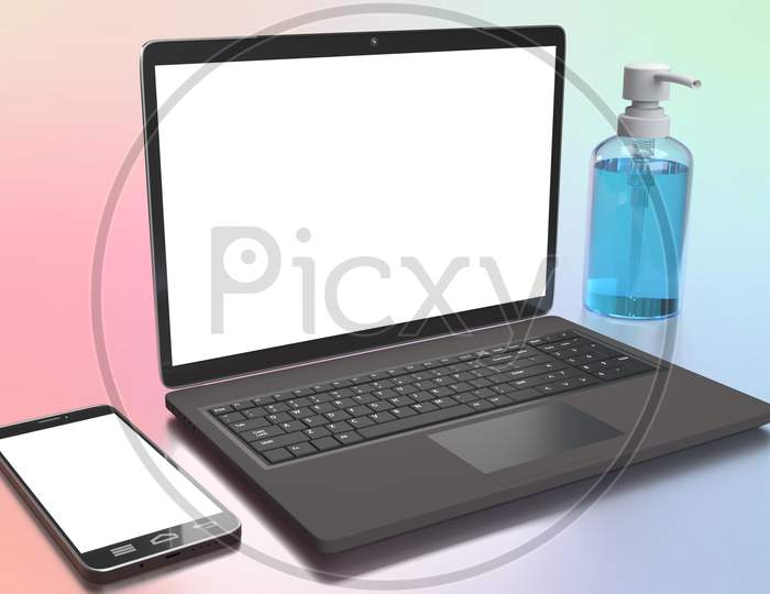 Realistic Looking Laptop, A Sanitizer Pump Bottle With Antiseptic Alcohol Gel And A Mobile With Blank Mockups Isolated In Coloured Background. Hygienic Lifestyle Concept, 3D Rendering