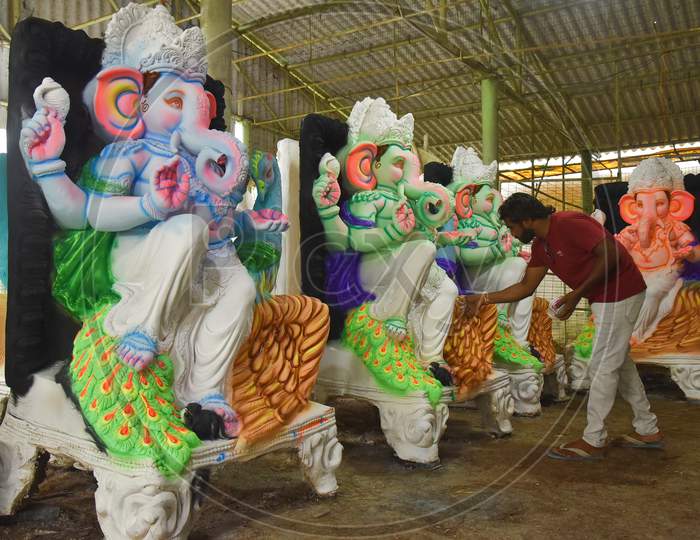 An Artisan Prepares Ganesh Idols Ahead Of The Ganesh Chaturthi Festival At A Workshop, In Vijayawada On August 19, 2020.