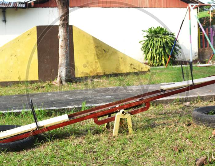Seesaw And Empty Playground, Rules For Children To Study At Home