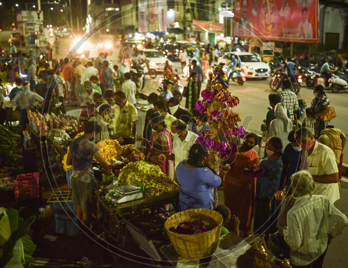 People Buy Pooja Essentials On The Eve Of Ganesh Chaturthi Festival, In Vijayawada On August 21, 2020.