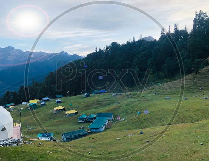 Beautiful camping view on top of the mountains kedarkanth Uttarakhand