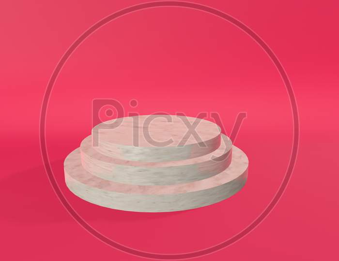 3D Render Marble Podiums Pastel On Pink Background. Abstract Minimal Scene With Geometrical. Scene To Show Cosmetic Products Presentation. Mock Up Design Empty Space. Showcase, Shopfront, Display Case