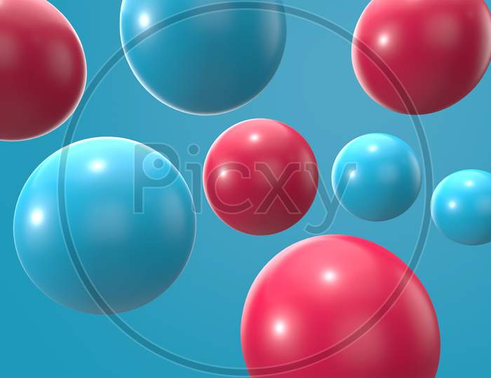 3D Render Blue And Red Sphere Background. 3D Objects Geometric Shape