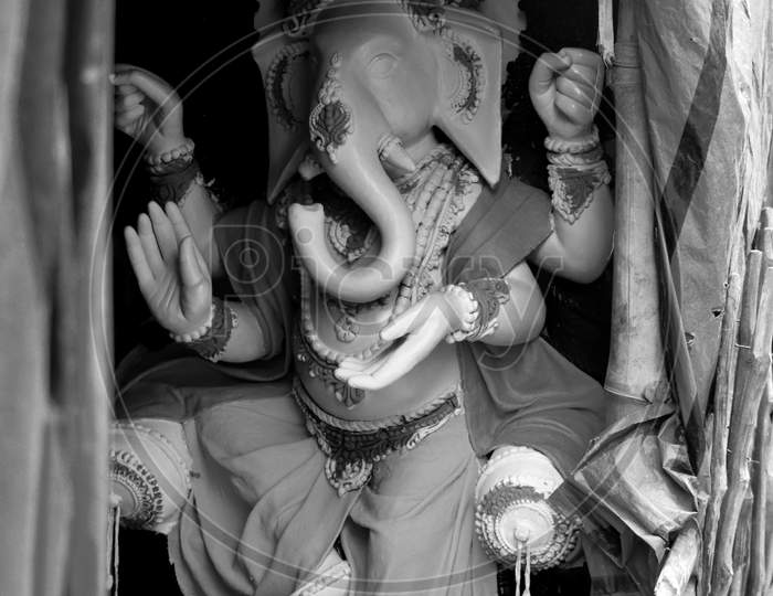 Close up shot of unfinished or Unpainted Lord Ganesha Idol