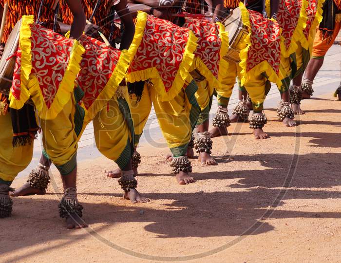 Indian tribal dancers performing folk dance in outdoors