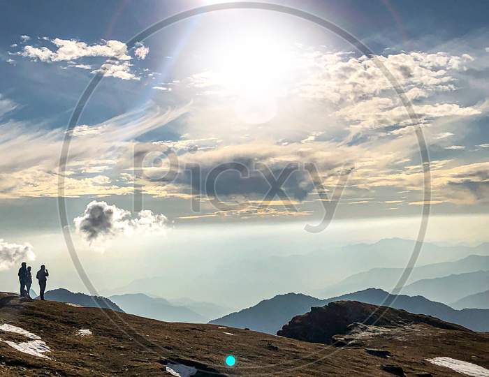 Beautiful sky and sunshine view on top of the mountains Uttarakhand india