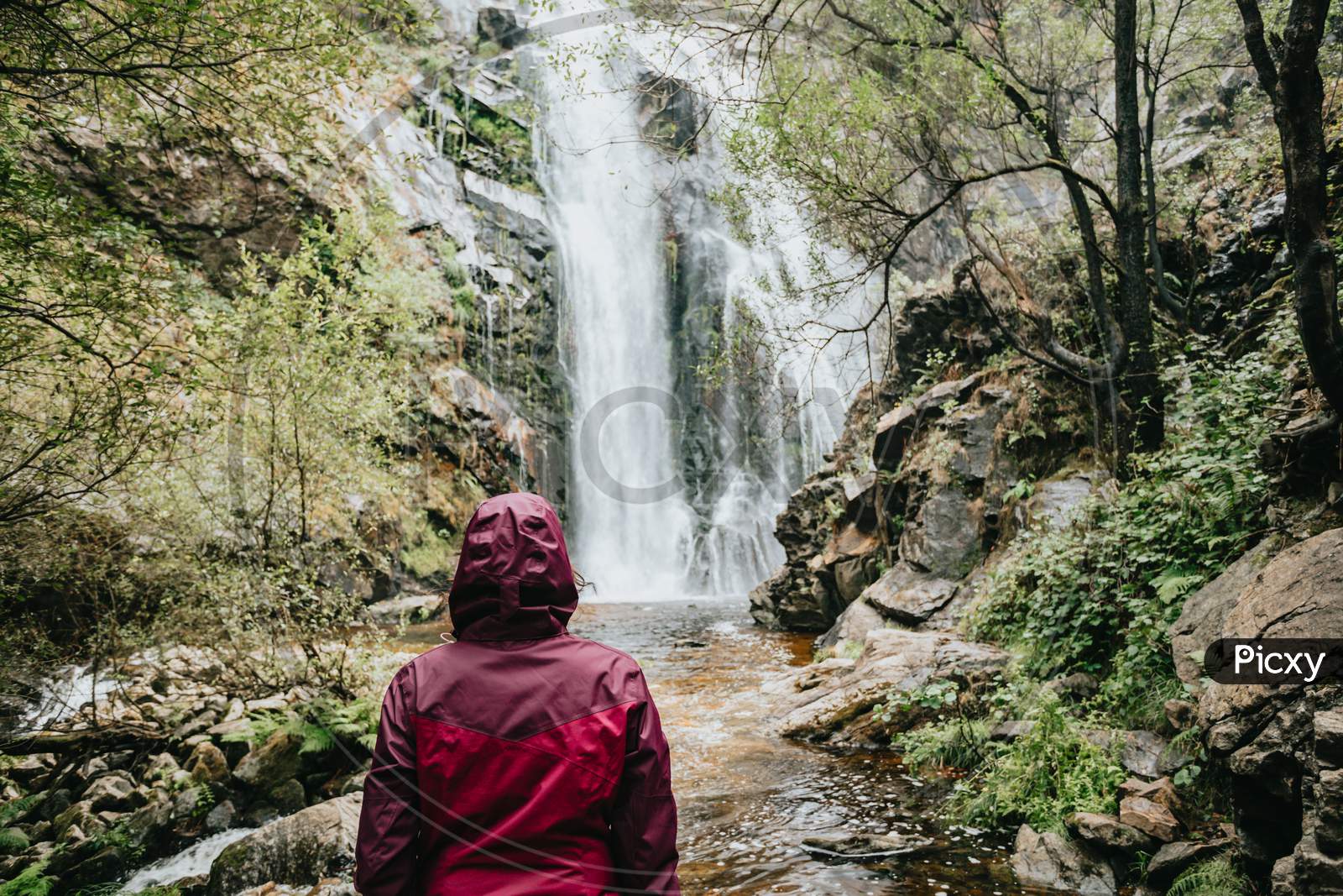 Young Female Hiker In Front Of A Waterfall