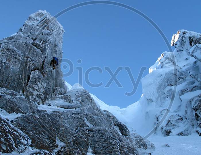 Snowy Mountain. Clear sky with Heavy glacial on mountain in Himalayas range.