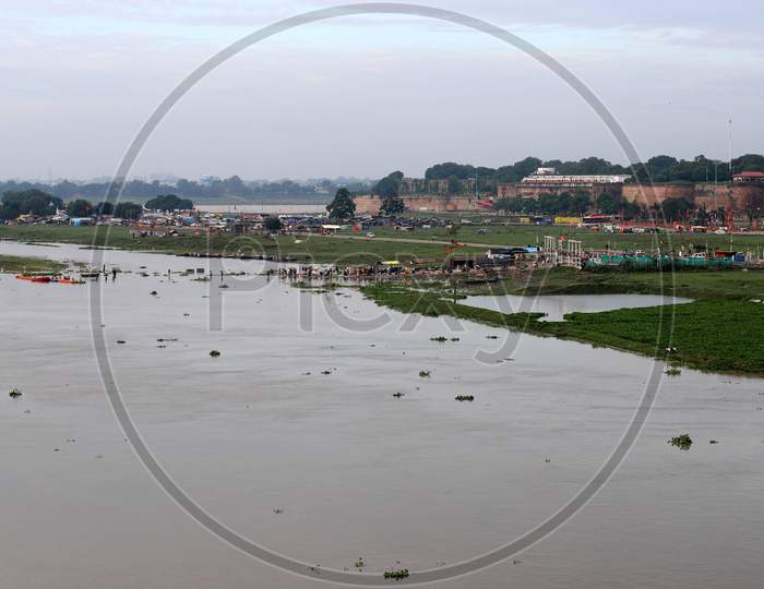 A View Of Ghats Submerged In The Flooded Water Of River Ganga And Yamuna During Heavy Rain In Prayagraj, August 23, 20202