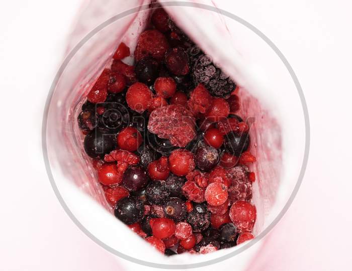 Package Of Frozen Berries And Blackberries Top View. Flat Lay. Gastronomy