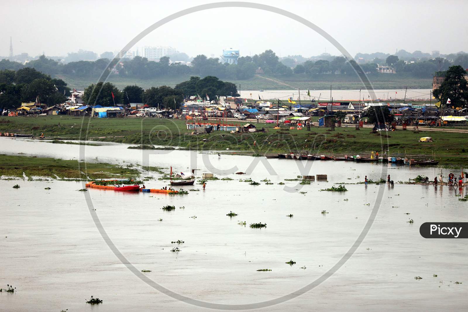 A View Of Ghats Submerged In The Flooded Water Of River Ganga And Yamuna During Heavy Rain In Prayagraj, August 23, 2020