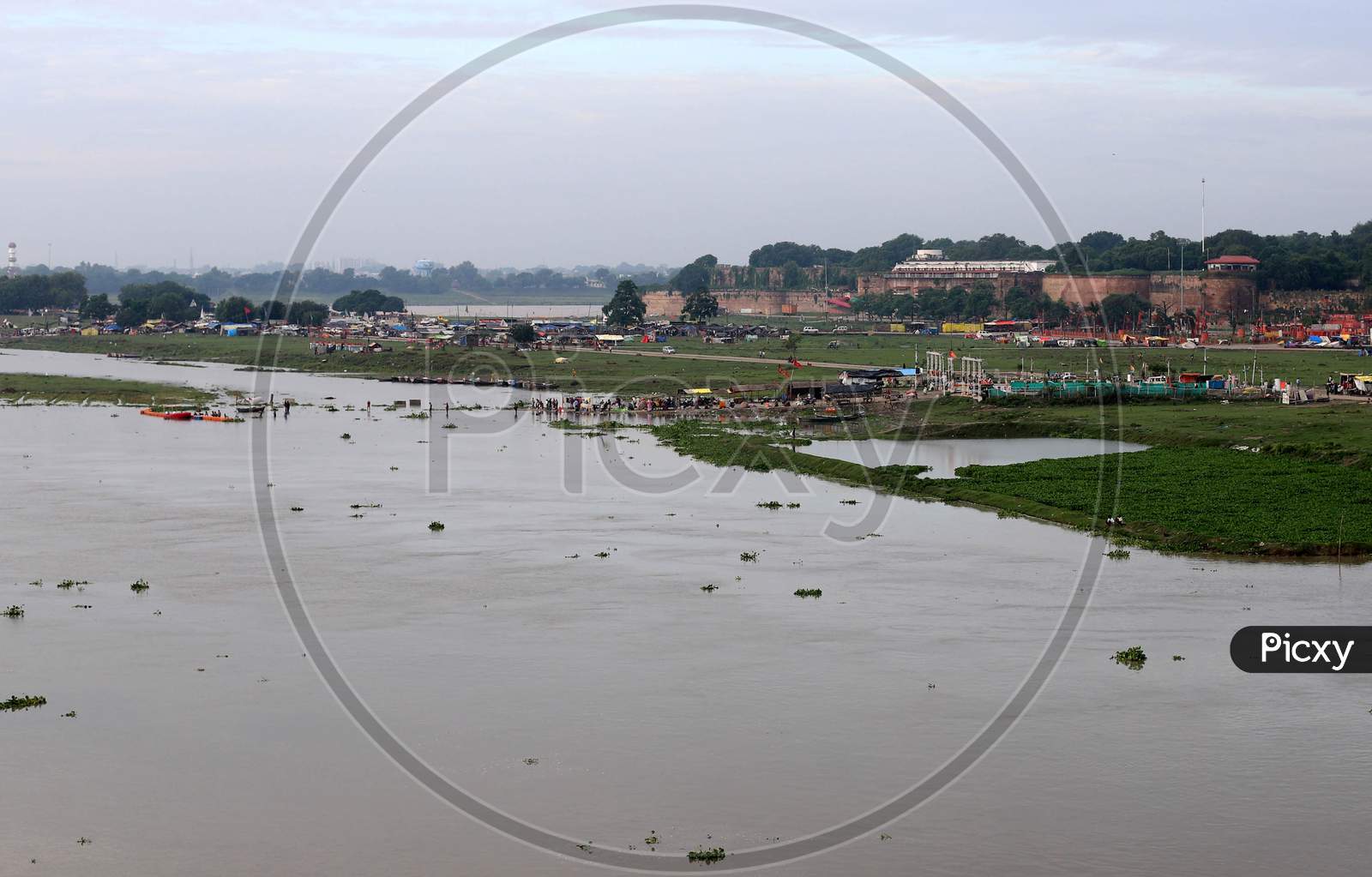 A View Of Ghats Submerged In The Flooded Water Of River Ganga And Yamuna During Heavy Rain In Prayagraj, August 23, 20202
