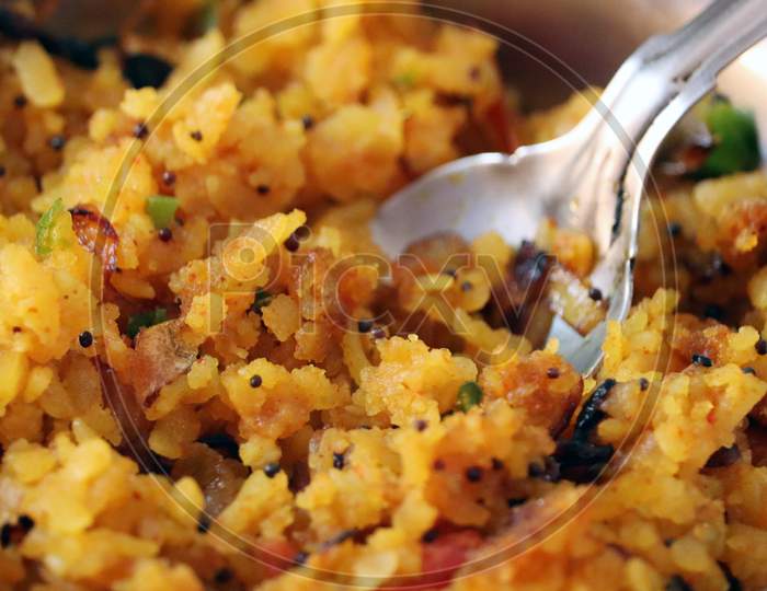 Indian Breakfast Tasty Food Poha Paddy Food In A Plate