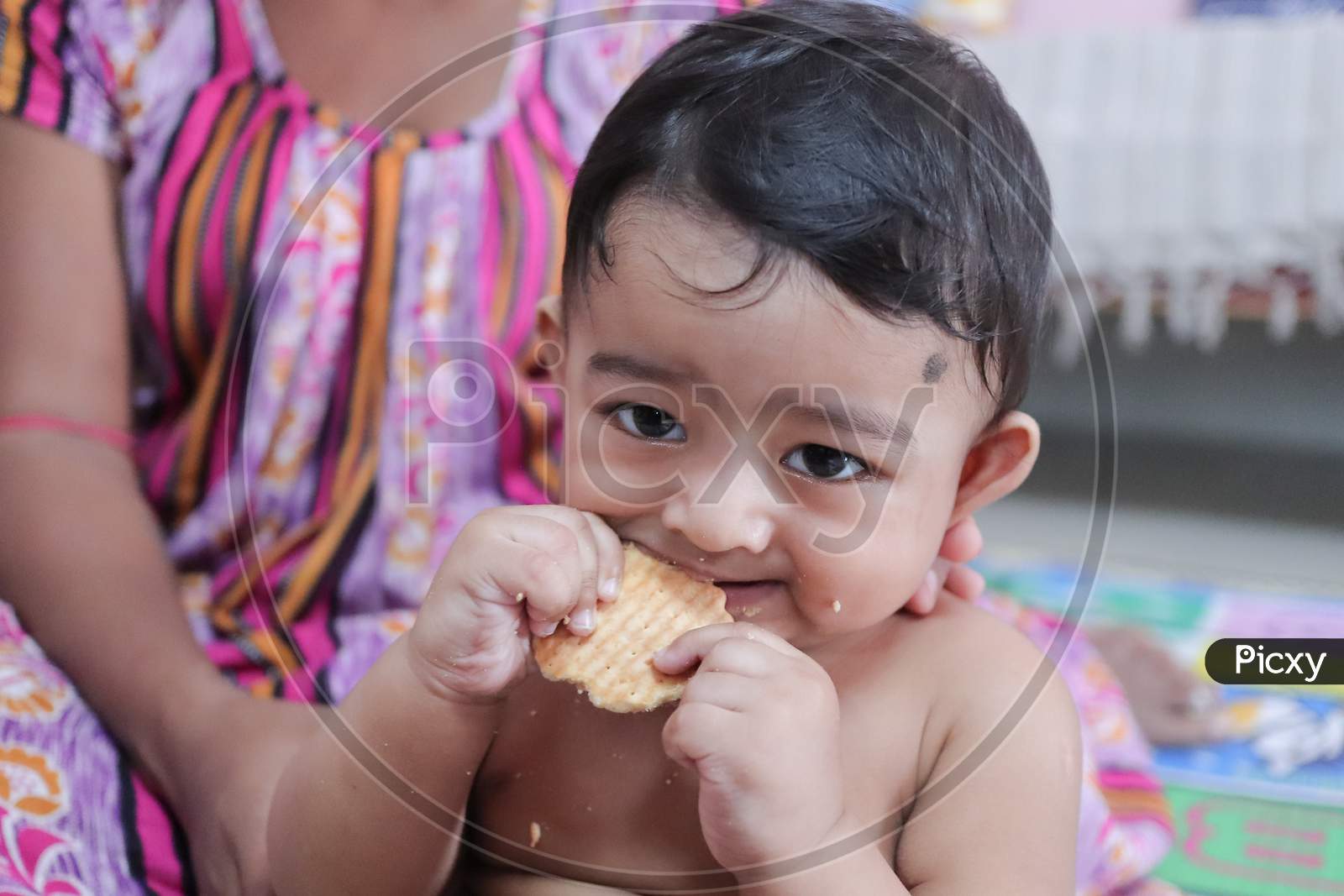 A Newborn Male Toddler Trying To Bite A Biscuit For The First Time With His Gums