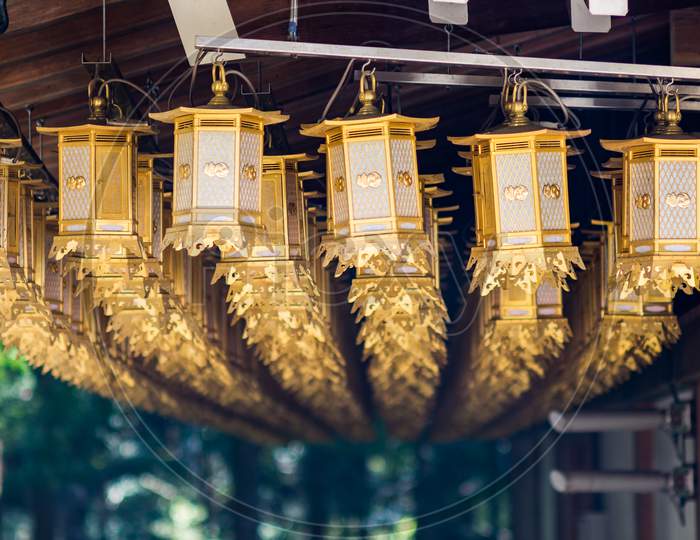 Golden Lanterns At The Buddhist Temple At Koyasan Mount Koya In Wakayama, Japan
