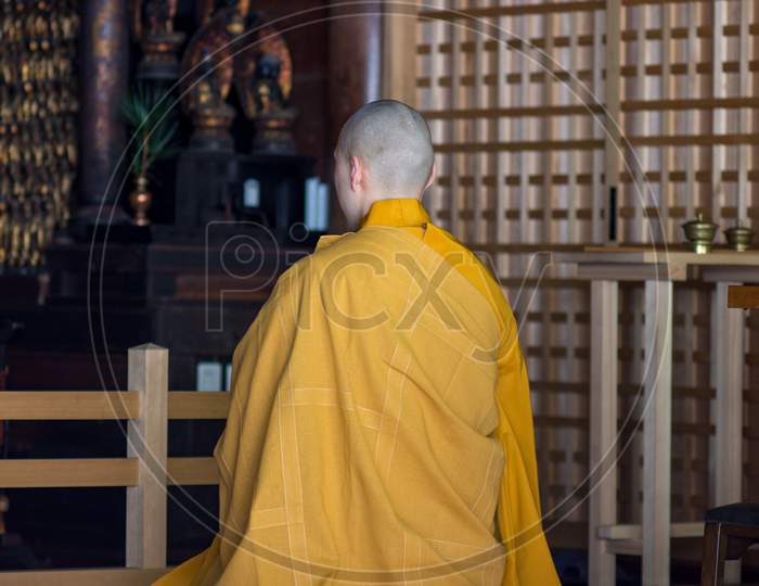 Shingon Buddhist Monk Praying In Temple At Koyasan, Wakayama Prefecture Of Japan
