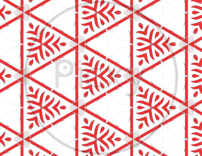 Red Color Symmetrical Pattern Layout On Solid White Sheet Of Wallpaper. Concept Of Home Decor And Interior Designing