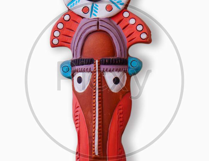 Red Indian Human Face Made For Clay. Isolated And White Background & Decorative Color.