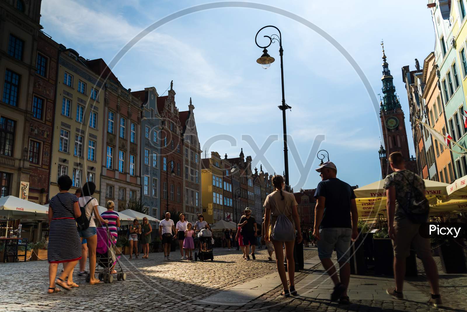 Gdansk, North Poland - August 13, 2020: Tourists Walking Next To Neptune'S Fountain Touristic Spot In Main Square City Center During Covid 19 Pandemic