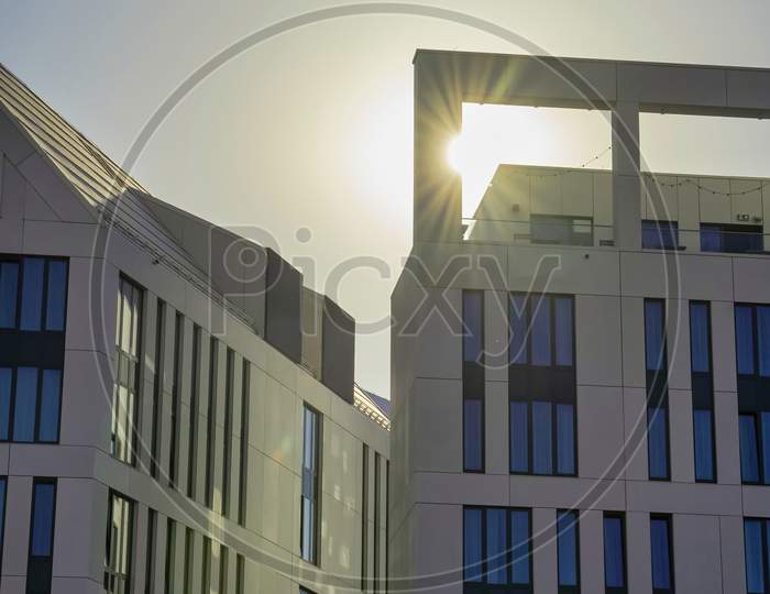 Gdansk, North Poland - August 13, 2020: Building Exterior Of One Of The Main Commercial Building Next Motlawa River Against Sun Rays
