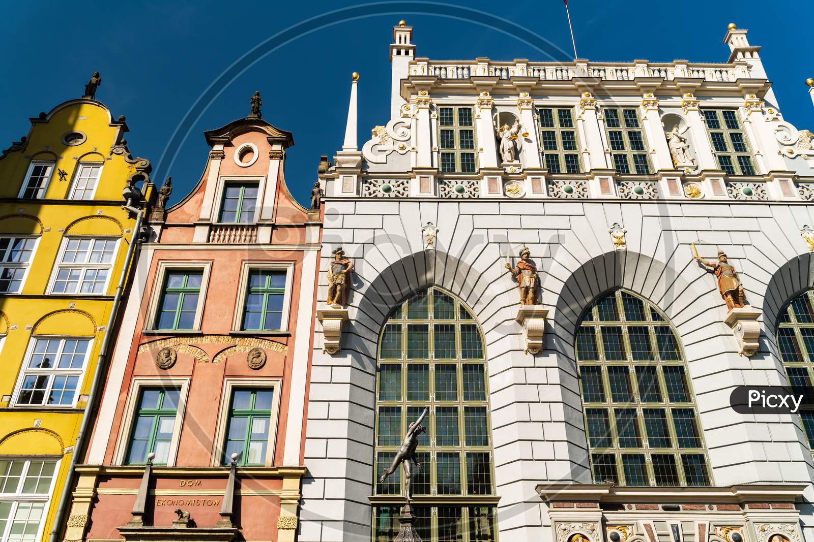 Gdansk, North Poland - August 13, 2020: Close Up Polish Building Architecture Exterior Near Neptune'S Fountain Located In City Center Main Square